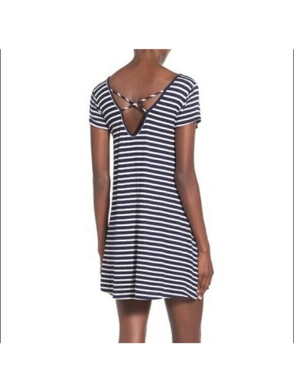Socialite Women's Blue Striped Criss Cross Back Dress - Size Medium - 90's Style